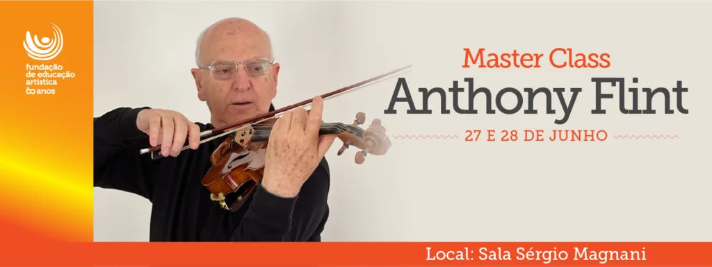 Anthony Flint tocando violino com texto sobre a master class